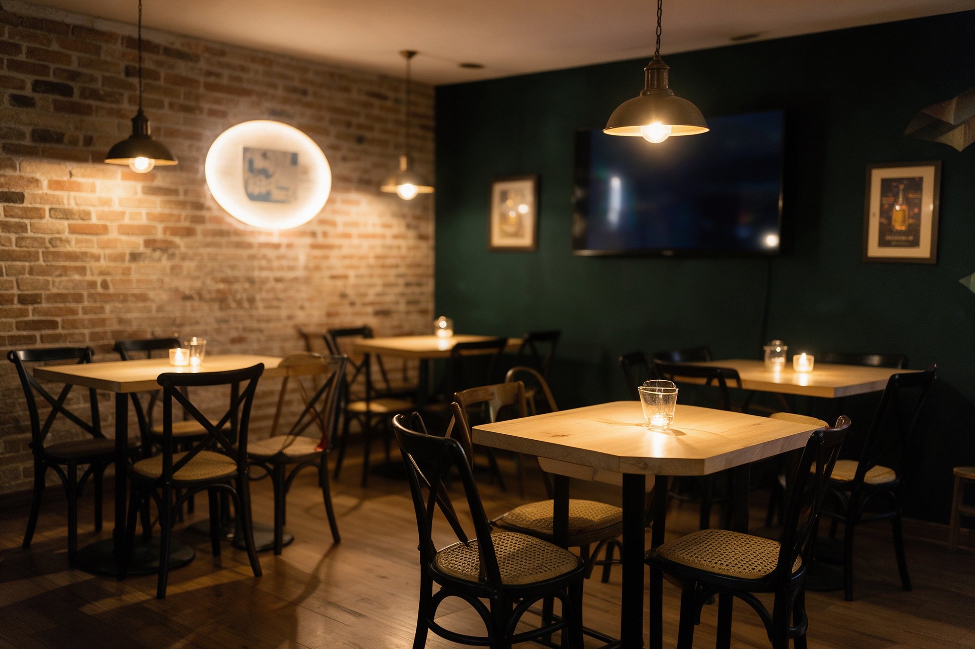 Comedor acogedor de cervecería con pared de ladrillo, lámparas industriales, mesas de madera y sillas negras