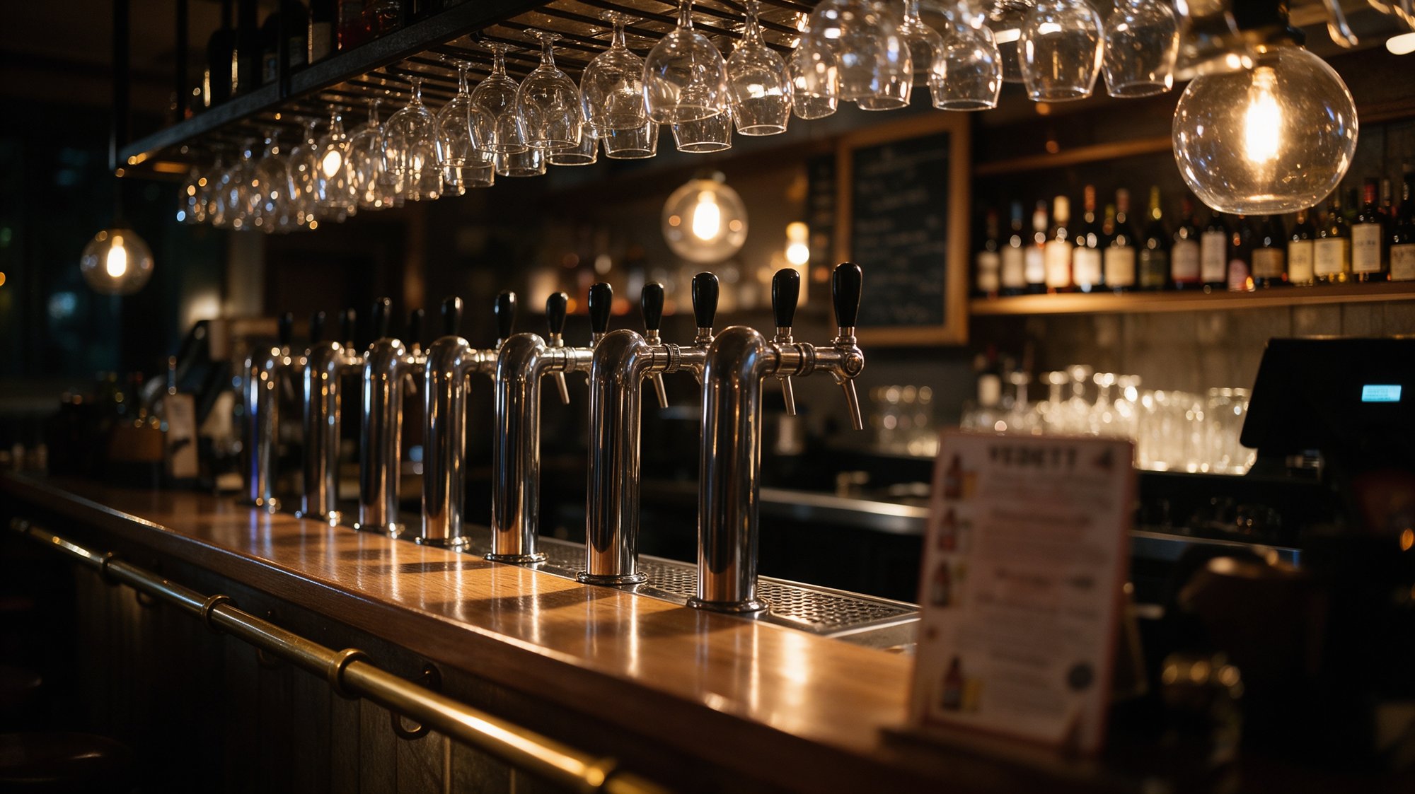 Barra de cervecería artesanal al anochecer con grifos de acero, copas colgadas y botellas iluminadas