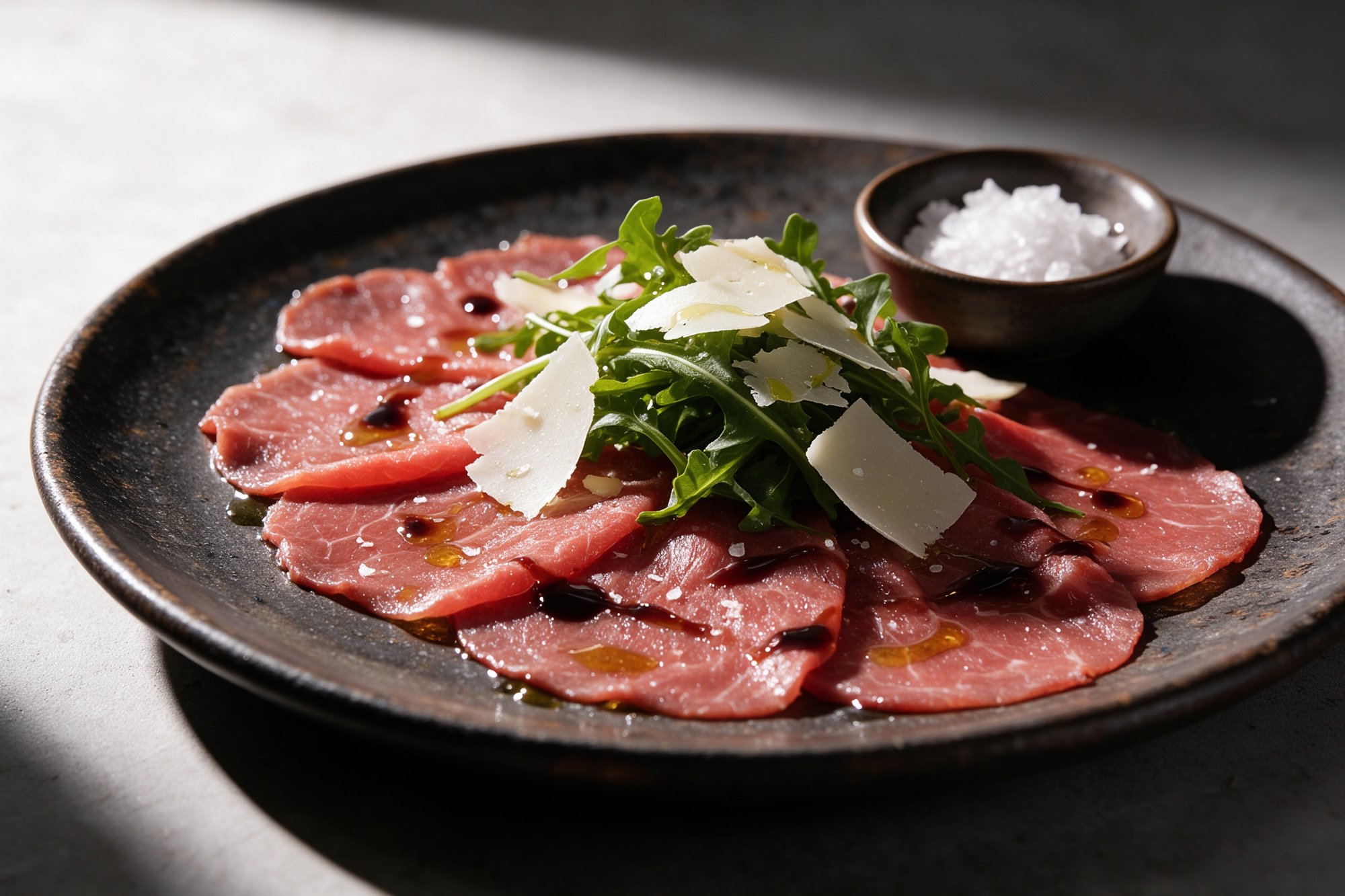 Carpaccio de ternera con rúcula, lascas de queso y glaseado de módena en plato oscuro