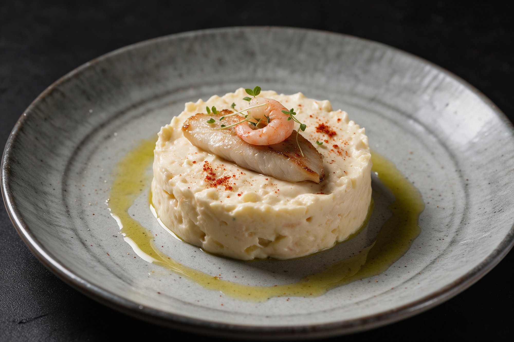 Porción de ensaladilla rusa cremosa coronada con gamba y pescado en plato de cerámica gris
