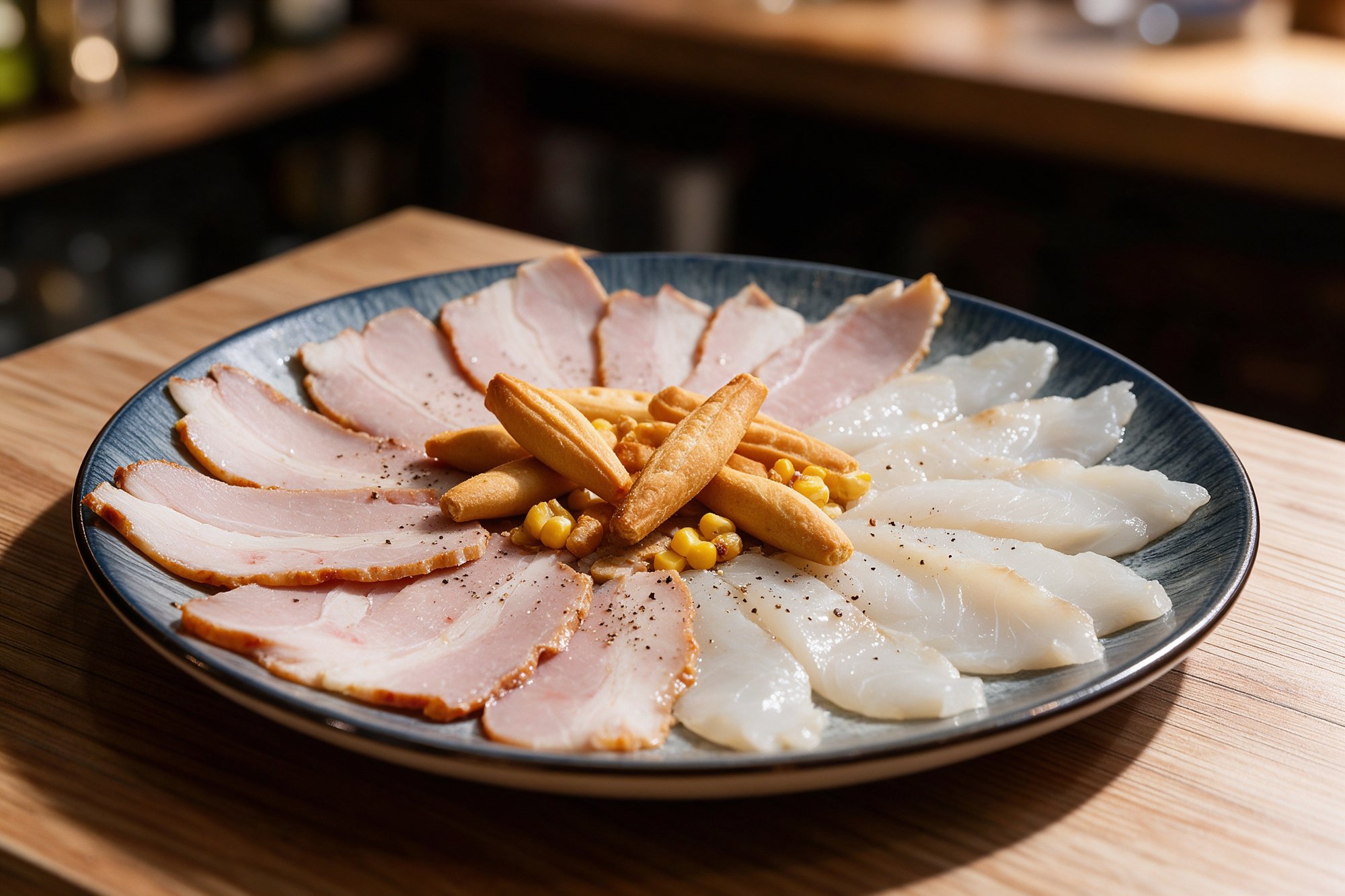 Tabla de embutido curado y queso con picos crujientes en plato de cerámica azul grisácea