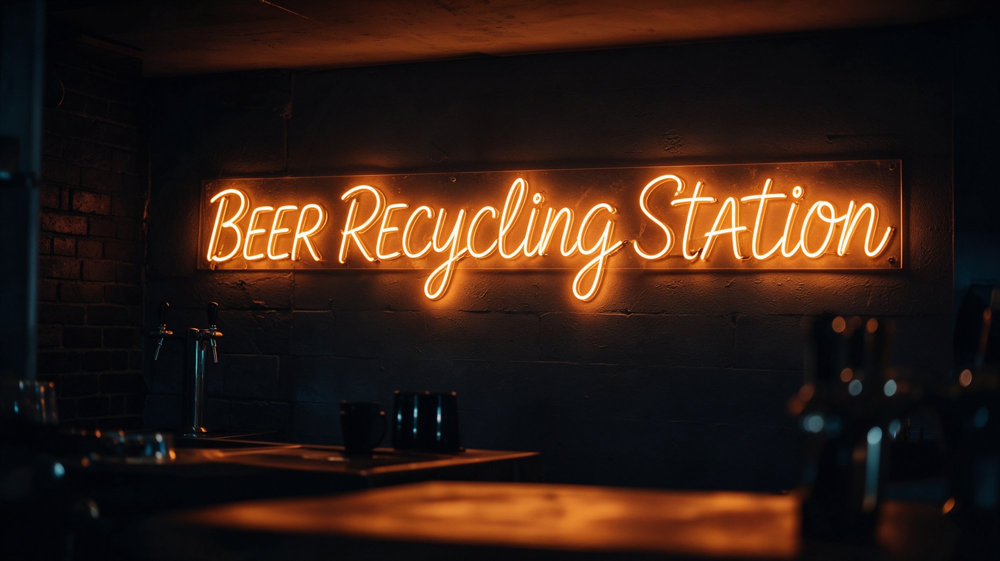 Rótulo de neón ámbar que dice Beer Recycling Station en pared oscura de cervecería con grifos al fondo